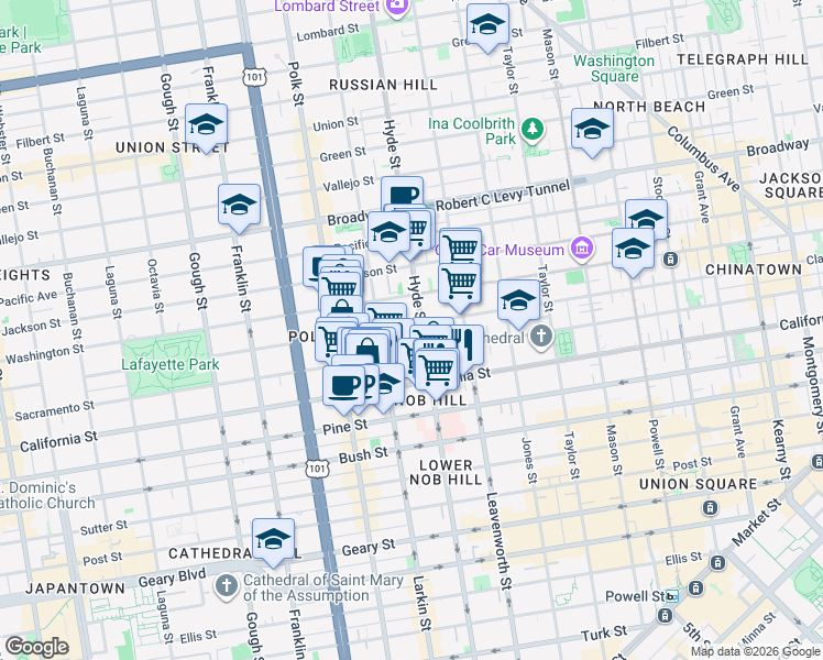 map of restaurants, bars, coffee shops, grocery stores, and more near 1251 Hyde Street in San Francisco