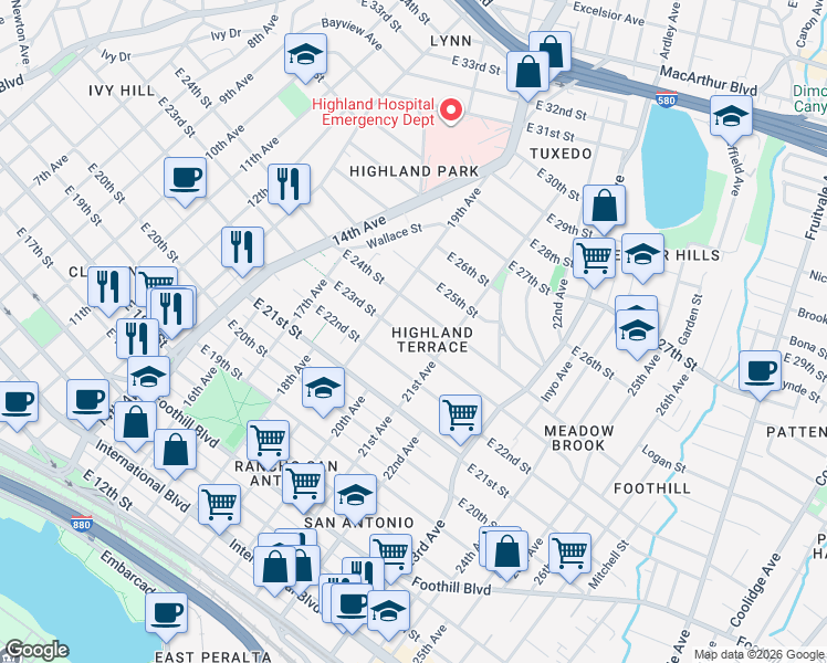 map of restaurants, bars, coffee shops, grocery stores, and more near 2004 East 23rd Street in Oakland