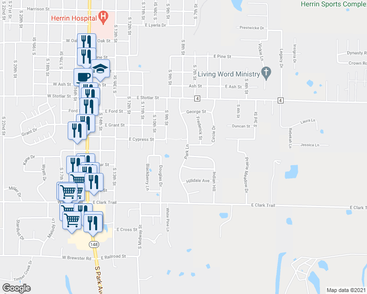 map of restaurants, bars, coffee shops, grocery stores, and more near 379 Park Lane in Herrin