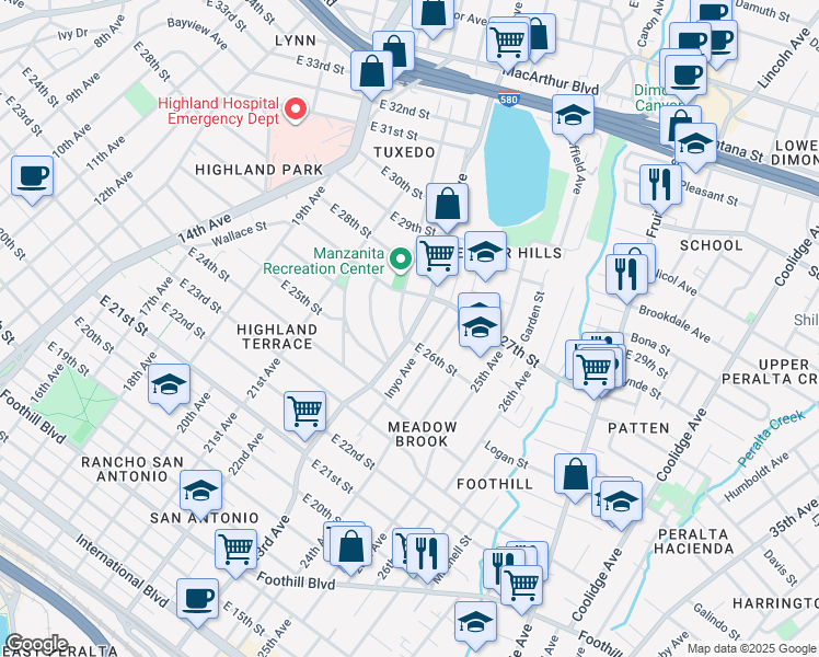 map of restaurants, bars, coffee shops, grocery stores, and more near 2607 23rd Avenue in Oakland