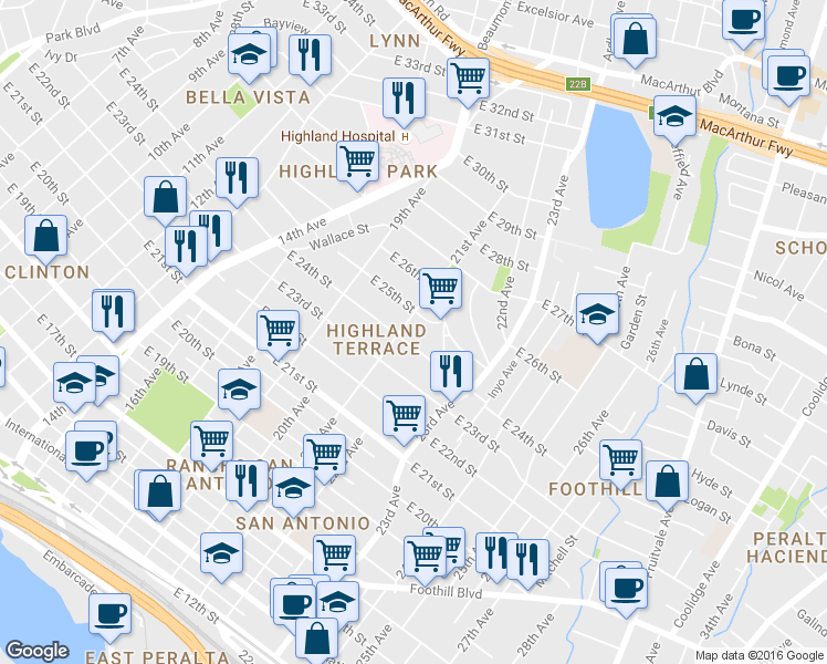 map of restaurants, bars, coffee shops, grocery stores, and more near 2337 21st Avenue in Oakland