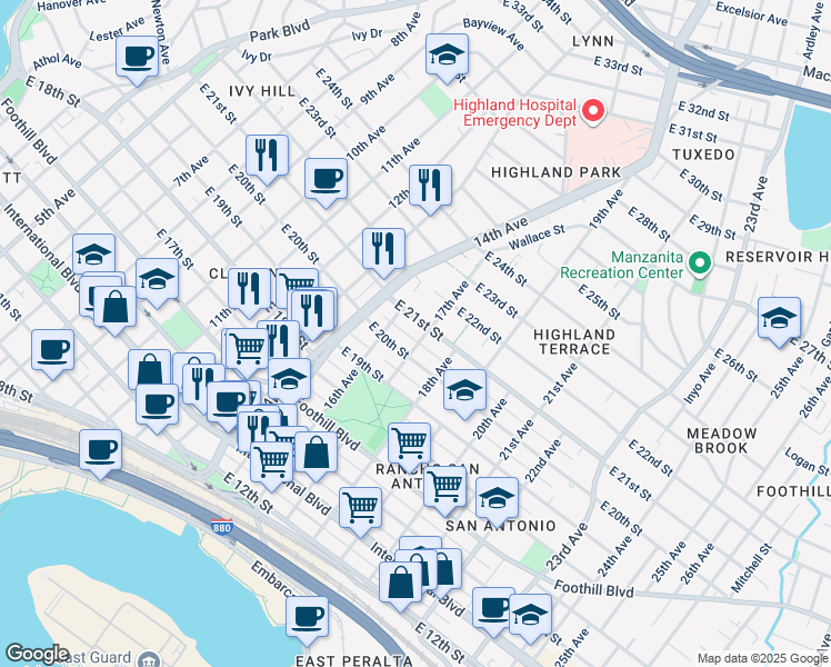map of restaurants, bars, coffee shops, grocery stores, and more near 1622 East 20th Street in Oakland