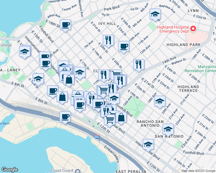 map of restaurants, bars, coffee shops, grocery stores, and more near 1737 13th Avenue in Oakland