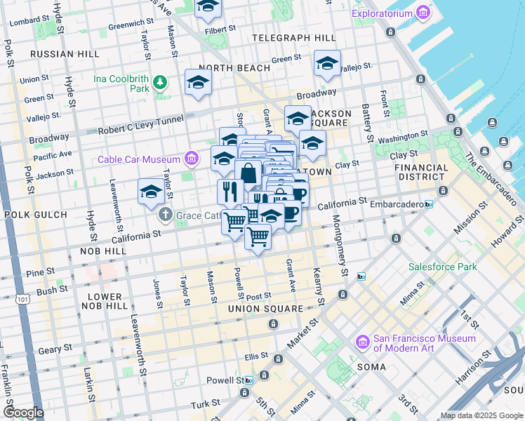 map of restaurants, bars, coffee shops, grocery stores, and more near 790 California Street in San Francisco