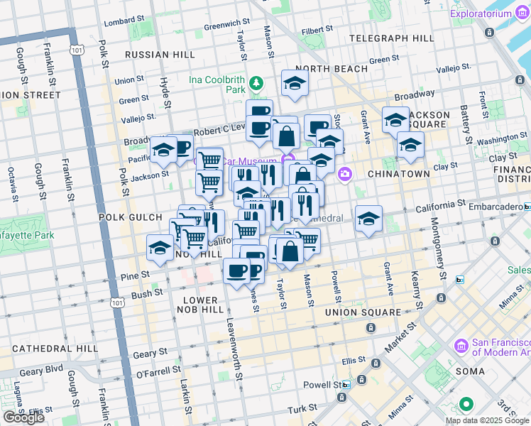 map of restaurants, bars, coffee shops, grocery stores, and more near 1250 Sacramento Street in San Francisco