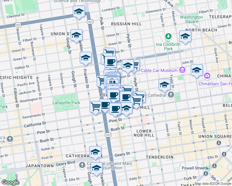 map of restaurants, bars, coffee shops, grocery stores, and more near in San Francisco