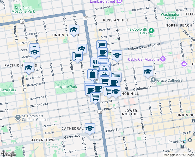 map of restaurants, bars, coffee shops, grocery stores, and more near 1800 Van Ness Avenue in San Francisco
