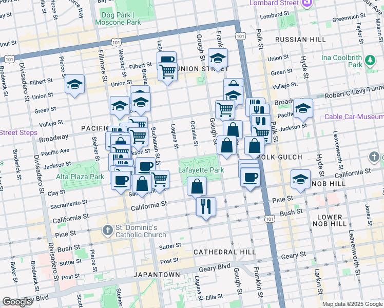 map of restaurants, bars, coffee shops, grocery stores, and more near 2120 Washington Street in San Francisco