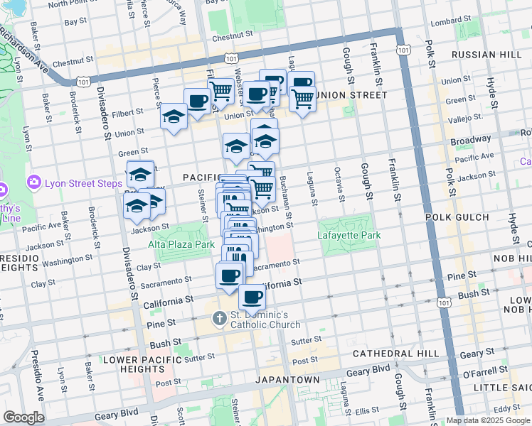 map of restaurants, bars, coffee shops, grocery stores, and more near 2321 Webster Street in San Francisco