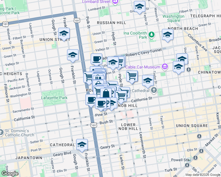 map of restaurants, bars, coffee shops, grocery stores, and more near Clay St & Larkin St in San Francisco