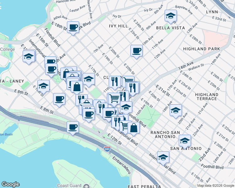 map of restaurants, bars, coffee shops, grocery stores, and more near 1720 12th Avenue in Oakland