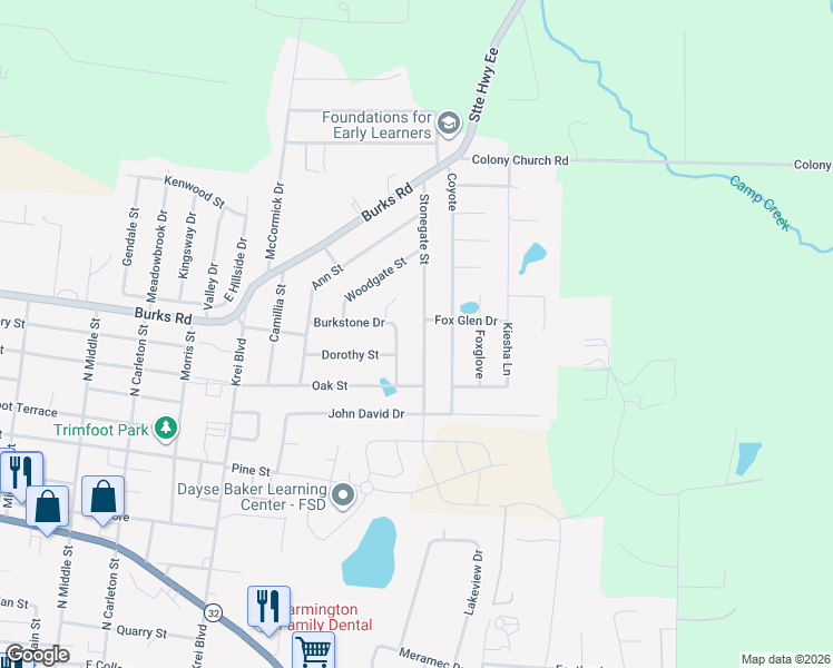 map of restaurants, bars, coffee shops, grocery stores, and more near 1409 Stonegate Street in Farmington