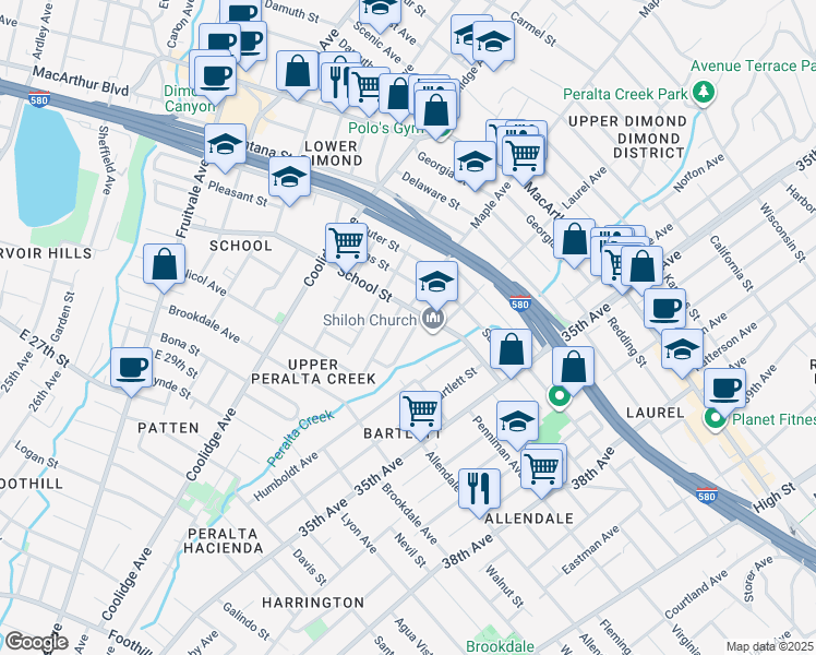 map of restaurants, bars, coffee shops, grocery stores, and more near 3124 Maple Avenue in Oakland