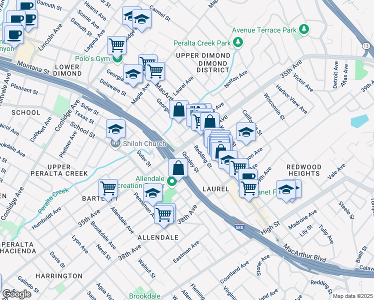 map of restaurants, bars, coffee shops, grocery stores, and more near 3450 35th Avenue in Oakland