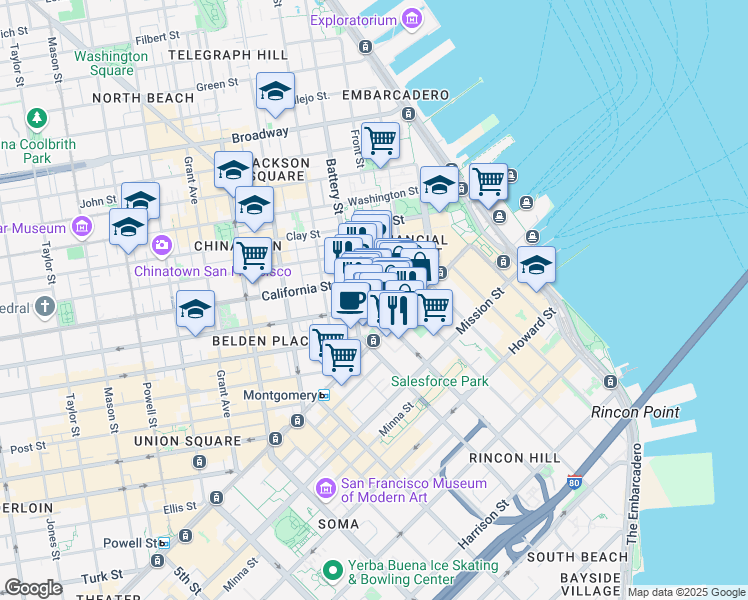 map of restaurants, bars, coffee shops, grocery stores, and more near 100 Pine Street in San Francisco