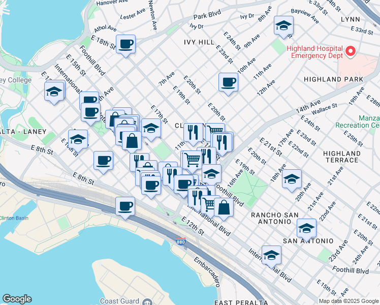 map of restaurants, bars, coffee shops, grocery stores, and more near 1649 12th Avenue in Oakland