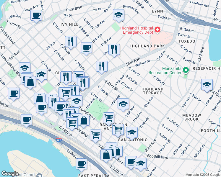 map of restaurants, bars, coffee shops, grocery stores, and more near 1622 East 20th Street in Oakland