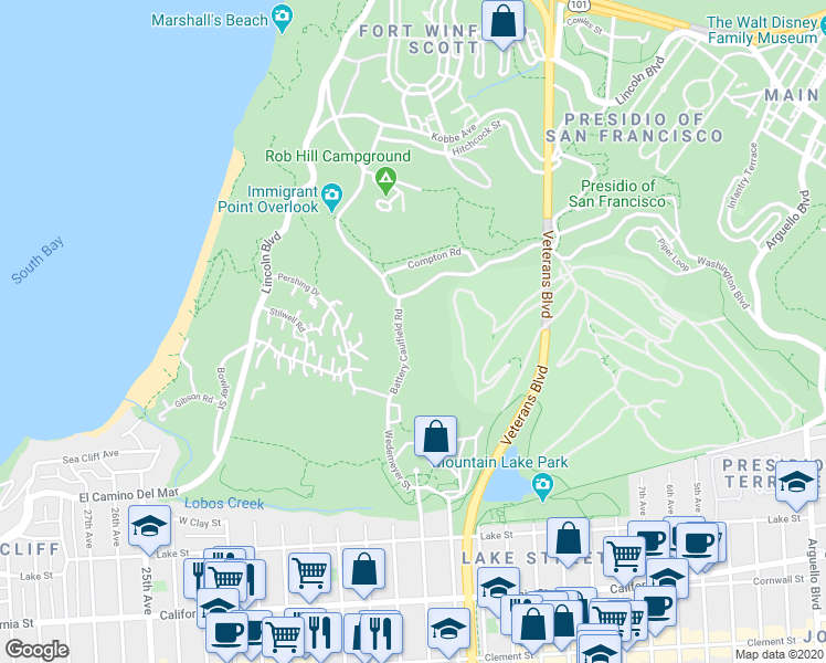 map of restaurants, bars, coffee shops, grocery stores, and more near 1451 Battery Caulfield Road in San Francisco
