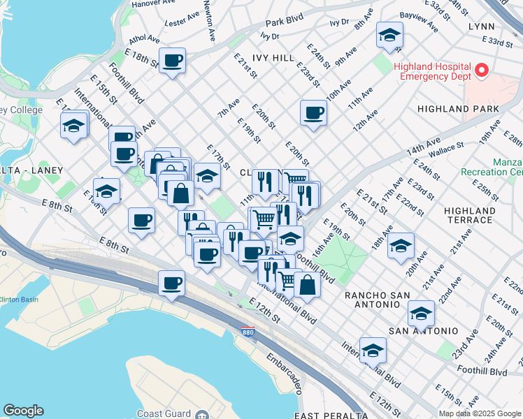 map of restaurants, bars, coffee shops, grocery stores, and more near 1649 12th Avenue in Oakland