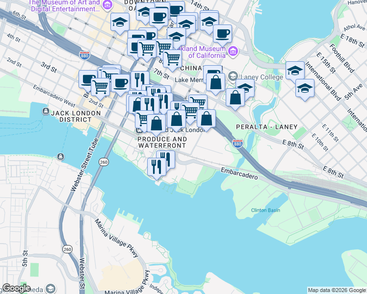 map of restaurants, bars, coffee shops, grocery stores, and more near 100 Oak Street in Oakland