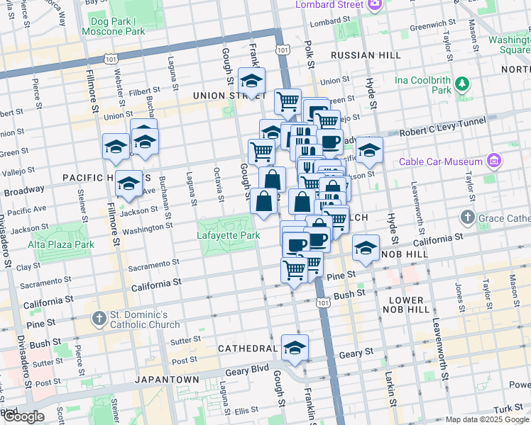 map of restaurants, bars, coffee shops, grocery stores, and more near 1945 Washington Street in San Francisco