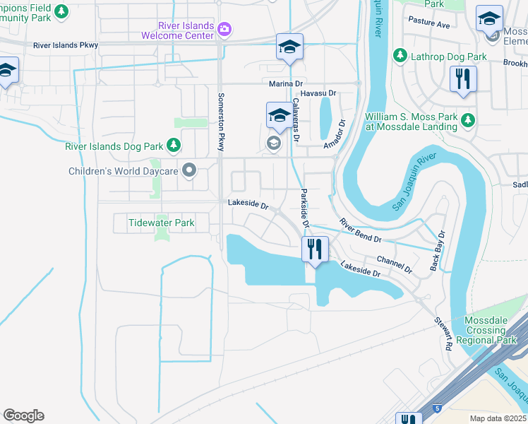 map of restaurants, bars, coffee shops, grocery stores, and more near 1171 Navigator Drive in Lathrop