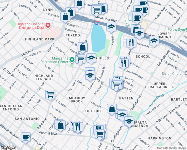 map of restaurants, bars, coffee shops, grocery stores, and more near 2410 East 27th Street in Oakland