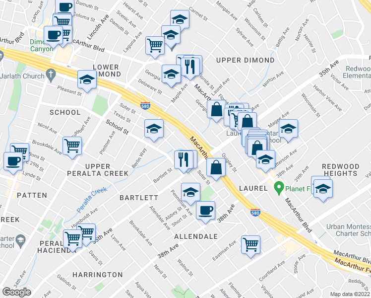 map of restaurants, bars, coffee shops, grocery stores, and more near 3373 Arkansas Street in Oakland