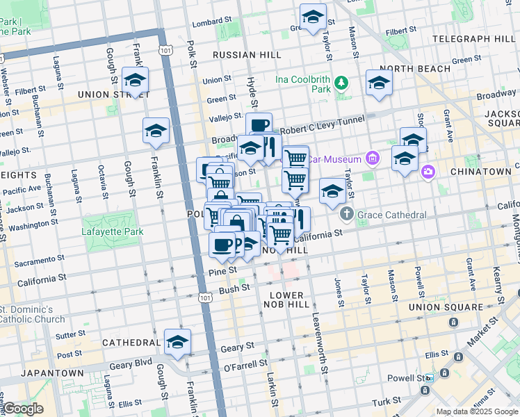 map of restaurants, bars, coffee shops, grocery stores, and more near 1251 Hyde Street in San Francisco