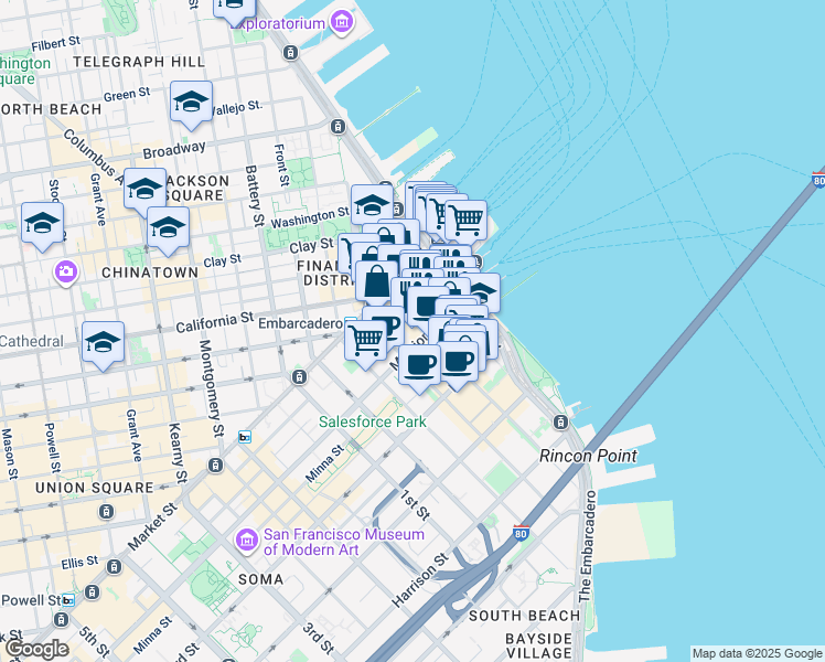 map of restaurants, bars, coffee shops, grocery stores, and more near 60 Spear Street in San Francisco