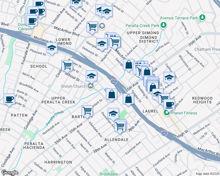 map of restaurants, bars, coffee shops, grocery stores, and more near 3373 Arkansas Street in Oakland