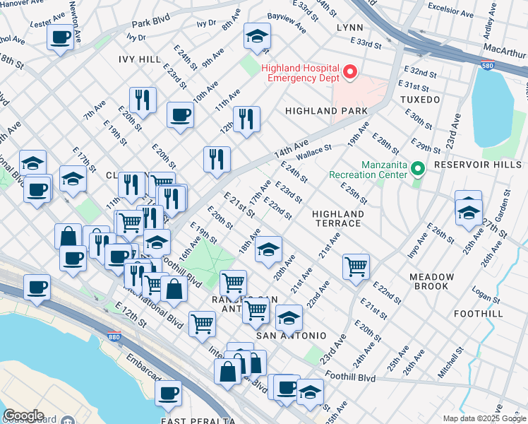 map of restaurants, bars, coffee shops, grocery stores, and more near 1736 East 21st Street in Oakland
