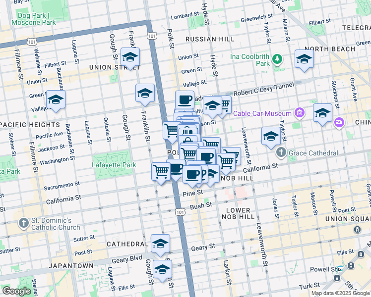map of restaurants, bars, coffee shops, grocery stores, and more near 1715 Polk Street in San Francisco