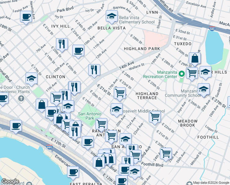 map of restaurants, bars, coffee shops, grocery stores, and more near 1736 East 21st Street in Oakland