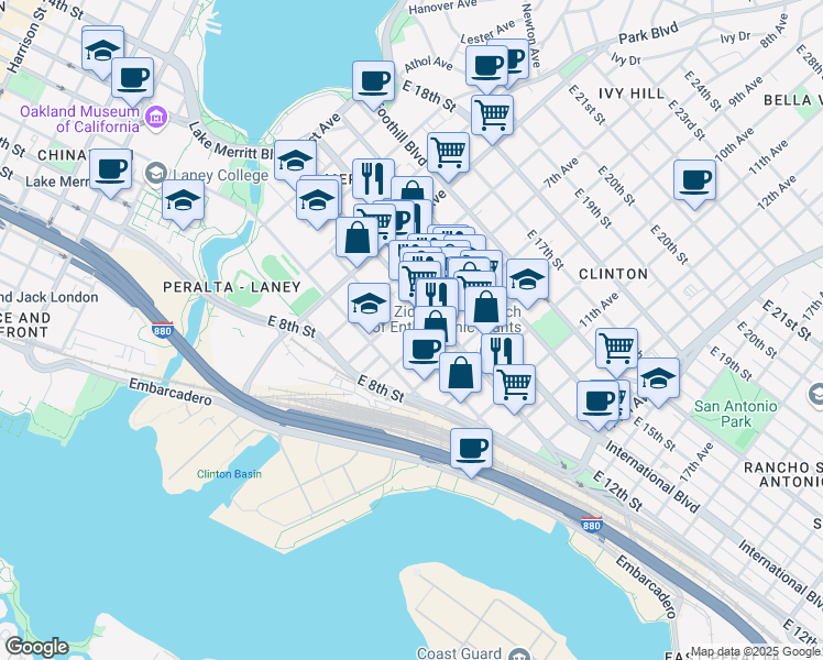 map of restaurants, bars, coffee shops, grocery stores, and more near 720 East 11th Street in Oakland