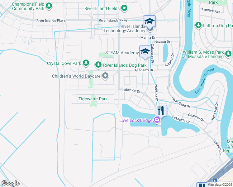 map of restaurants, bars, coffee shops, grocery stores, and more near 18448 Keswick Drive in Lathrop