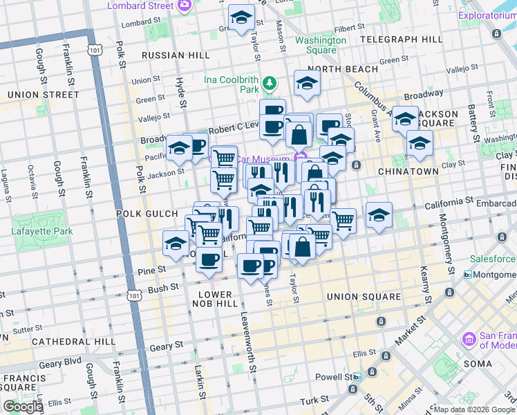 map of restaurants, bars, coffee shops, grocery stores, and more near 1220 Jones St in San Francisco
