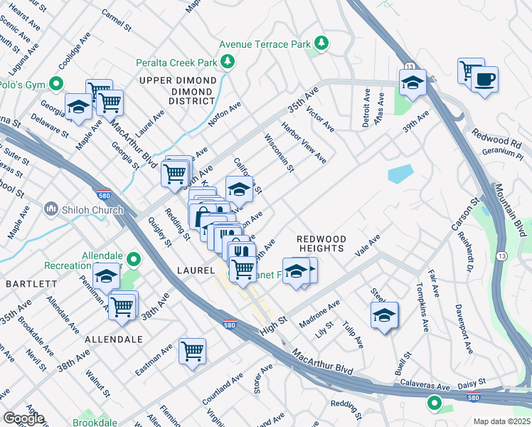 map of restaurants, bars, coffee shops, grocery stores, and more near 3826 38th Avenue in Oakland