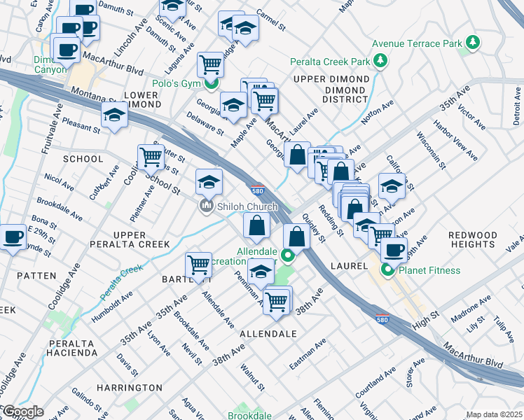 map of restaurants, bars, coffee shops, grocery stores, and more near 3385 Arkansas Street in Oakland