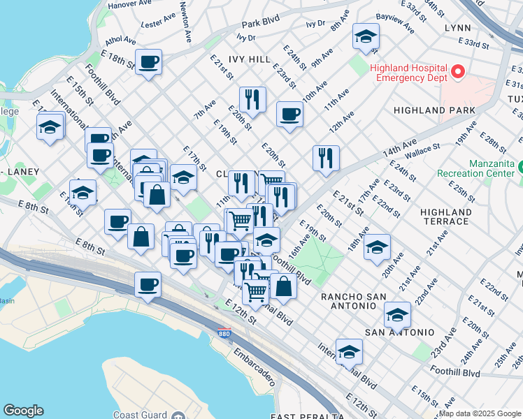 map of restaurants, bars, coffee shops, grocery stores, and more near 1737 13th Avenue in Oakland