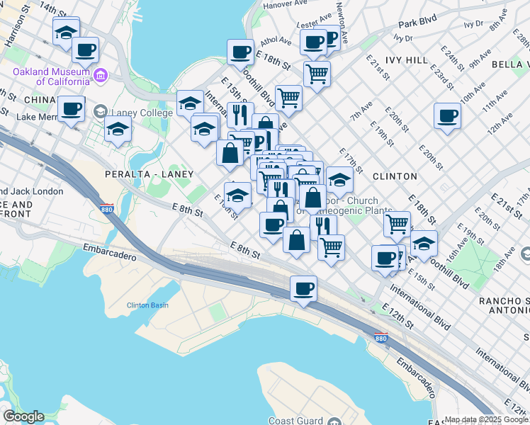 map of restaurants, bars, coffee shops, grocery stores, and more near 745 East 12th Street in Oakland
