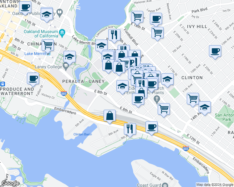 map of restaurants, bars, coffee shops, grocery stores, and more near 828 6th Avenue in Oakland