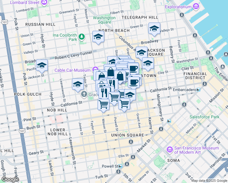 map of restaurants, bars, coffee shops, grocery stores, and more near in San Francisco