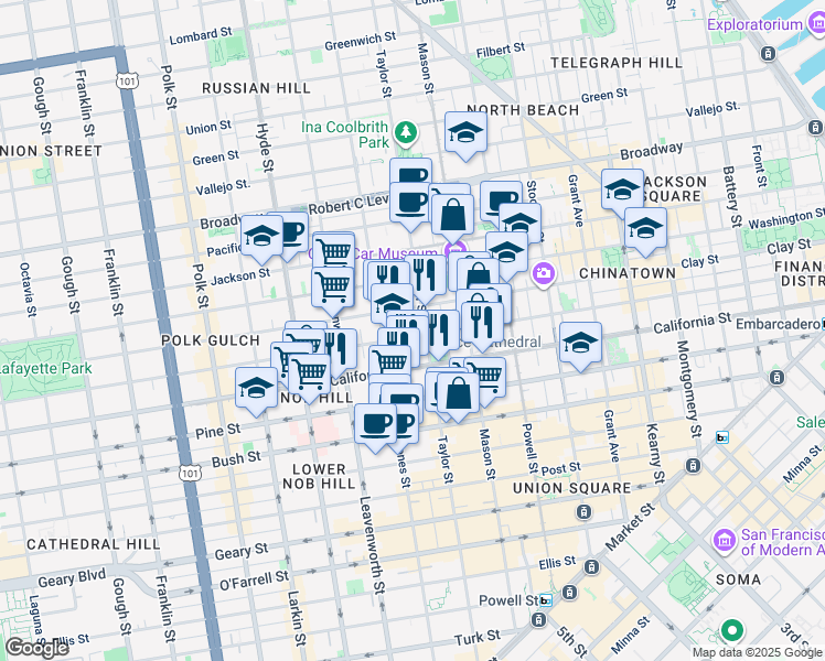map of restaurants, bars, coffee shops, grocery stores, and more near 1250 Sacramento Street in San Francisco