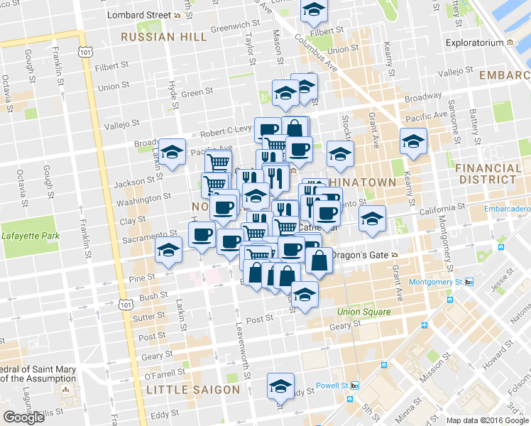 map of restaurants, bars, coffee shops, grocery stores, and more near 1250 Sacramento Street in San Francisco