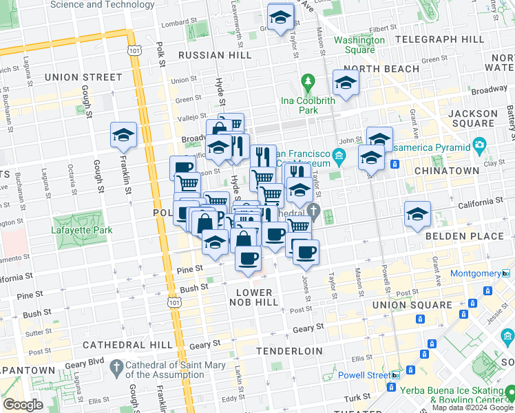 map of restaurants, bars, coffee shops, grocery stores, and more near in San Francisco
