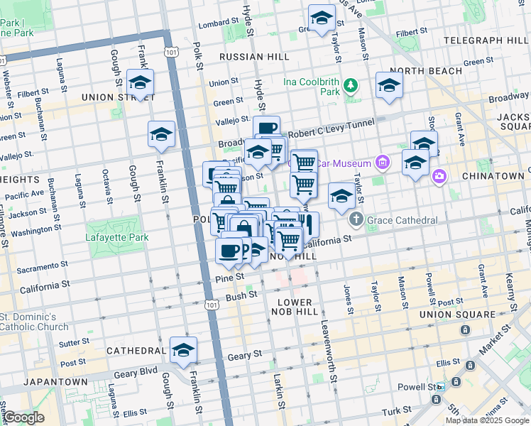 map of restaurants, bars, coffee shops, grocery stores, and more near 1251 Hyde Street in San Francisco