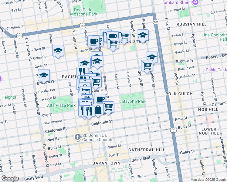 map of restaurants, bars, coffee shops, grocery stores, and more near 2224 Washington Street in San Francisco