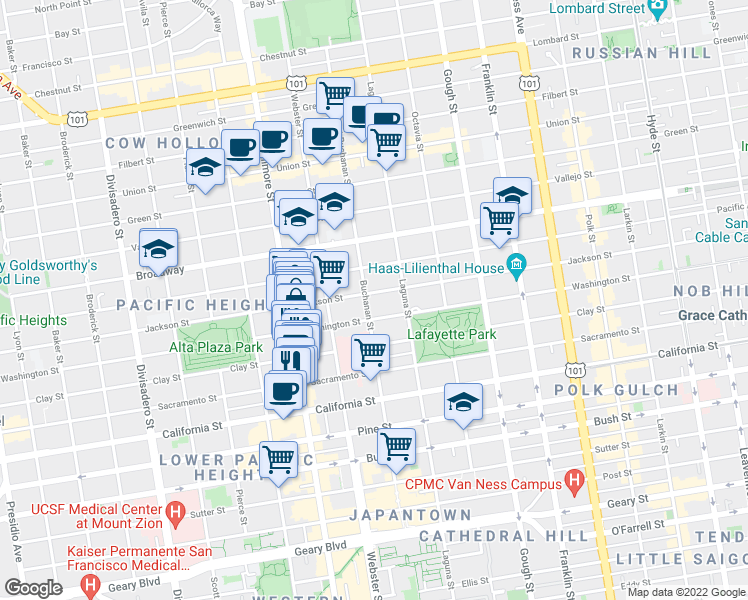 map of restaurants, bars, coffee shops, grocery stores, and more near 2439 Buchanan Street in San Francisco