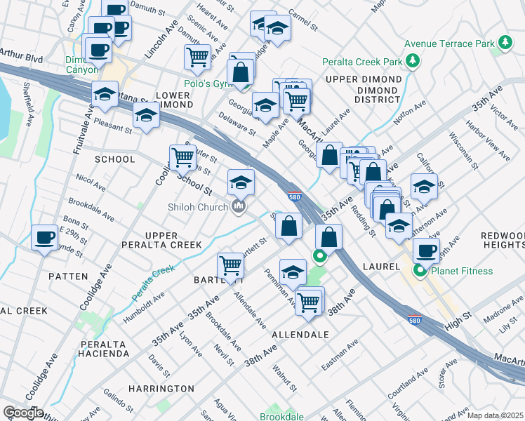 map of restaurants, bars, coffee shops, grocery stores, and more near 3329 Suter Street in Oakland